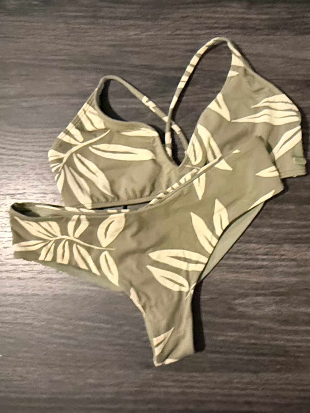 Roxy Olive and Cream Leaf-Print Bikini Set L/M